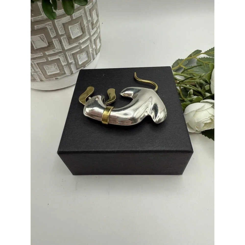 Vintage Taxco Mexico 925 Sterling & Brass Dog Brooch – Modernist Signed TM-104 - Picture 6 of 12